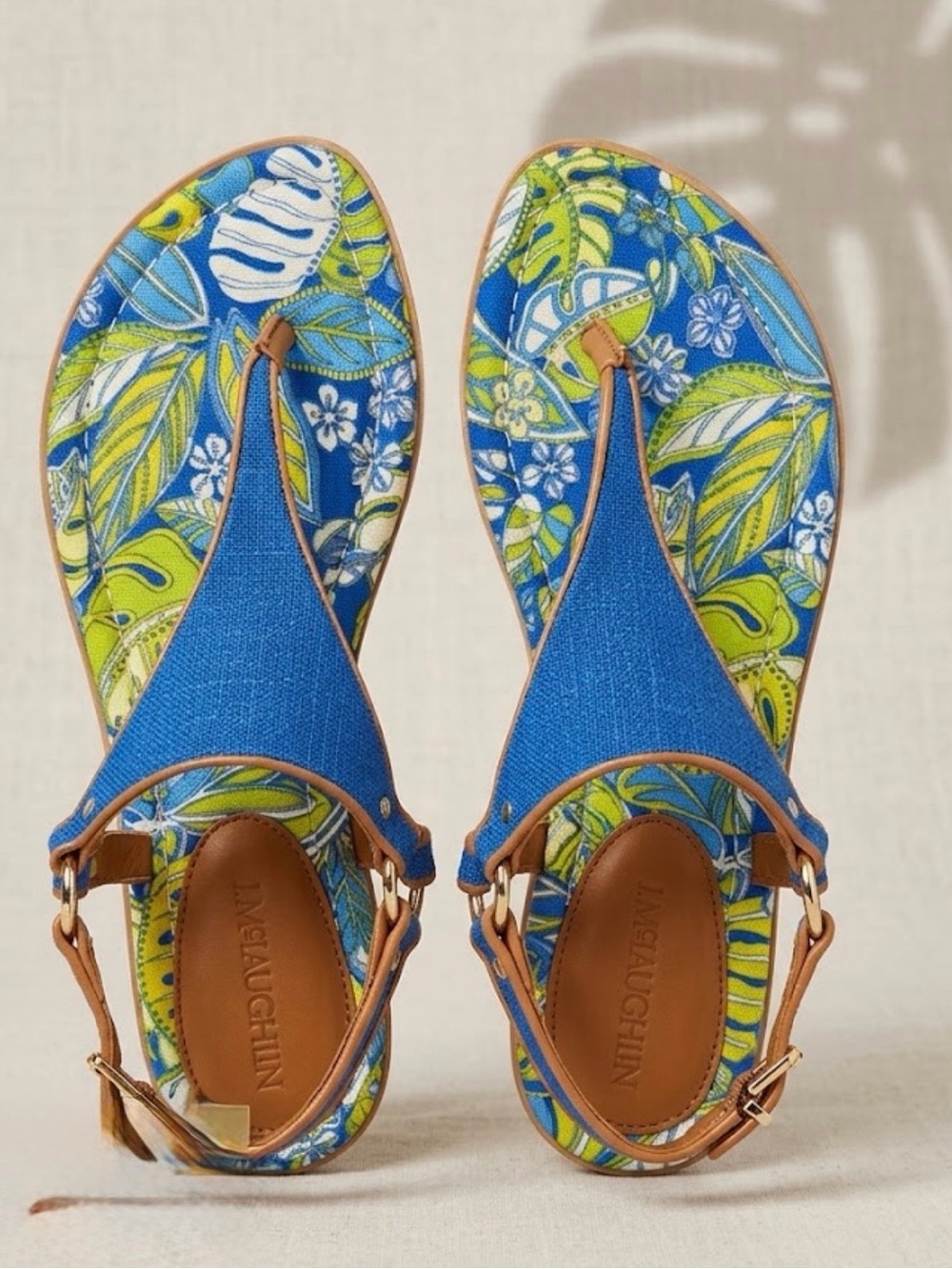 NEW J. McLaughlin Blue Yellow Tropical Floral Thong Sandals Resort 8.5 Leather